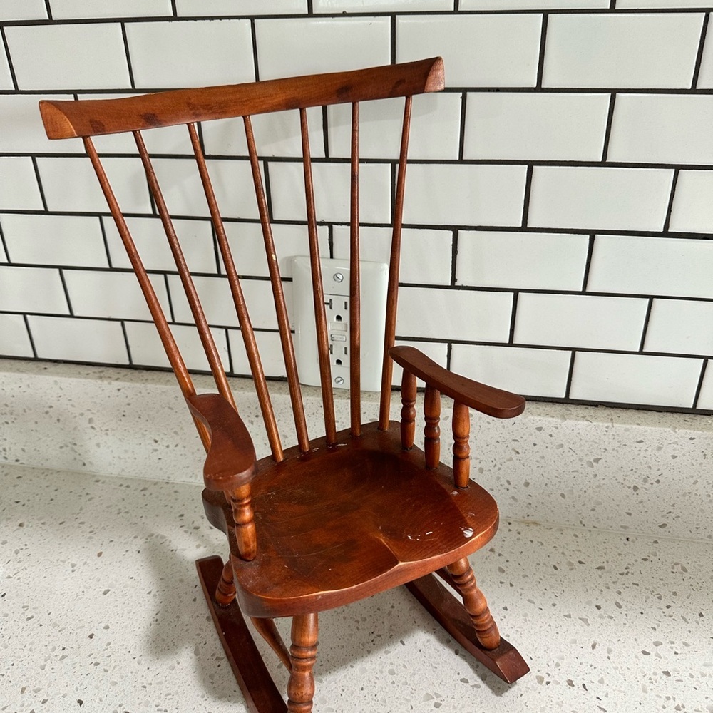 Antique Vintage Wooden Baby Doll Brown Spindle-Back Rocker Rocking Chair